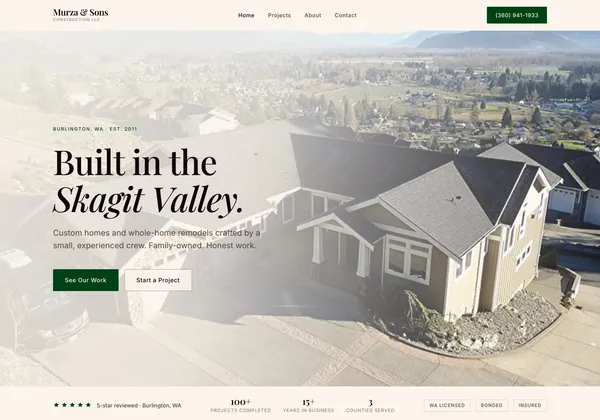 Homepage of Murza & Sons Construction, a custom home builder in the Skagit Valley