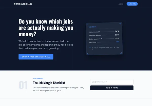 Homepage of My Contractor Labs, a job-costing tool for construction business owners